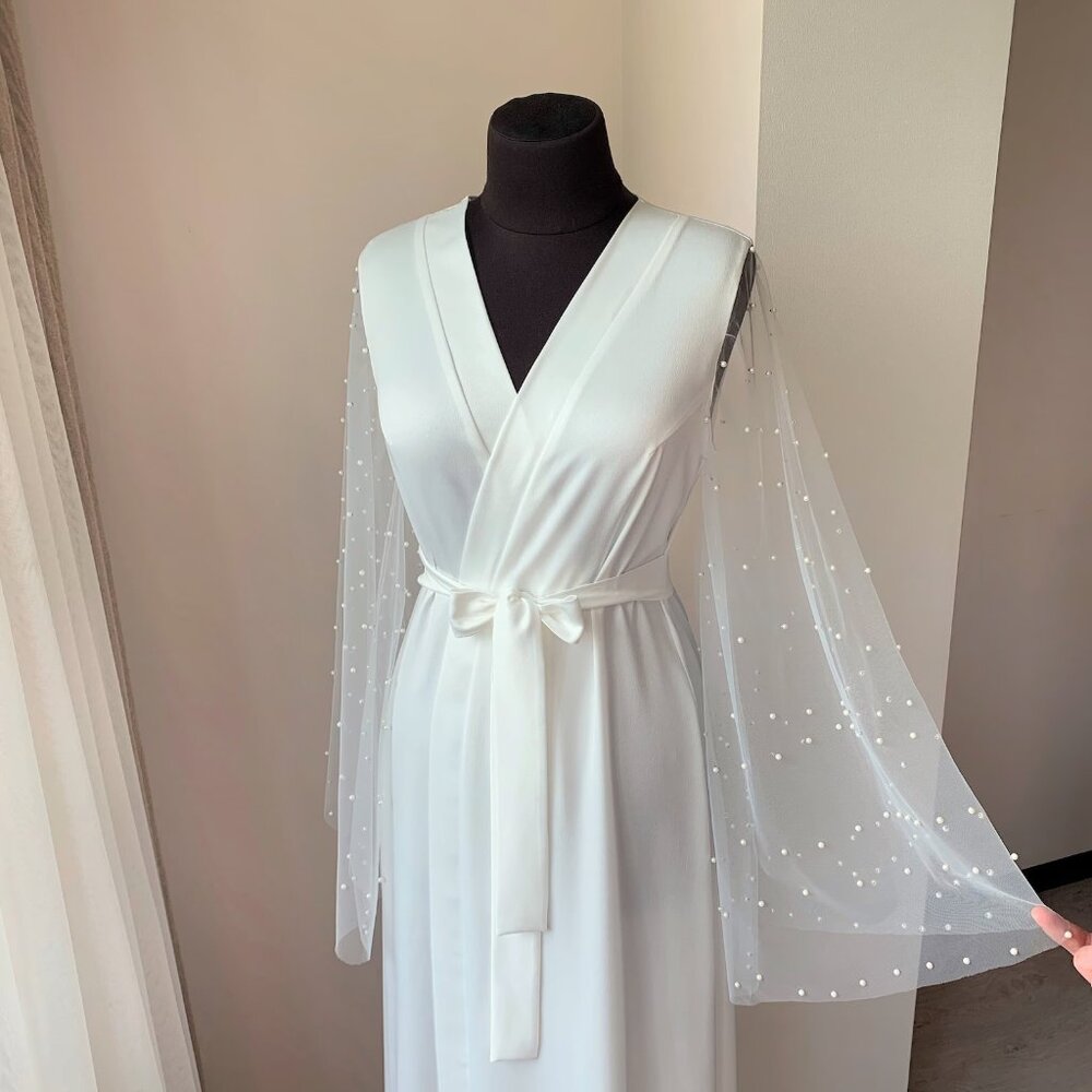 Mid- Length Bridal Robe with Sheer Pearl Sleeves/Getting Ready Wedding Robe